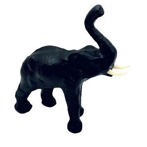 Vintage Leather Wrapped Elephant Figure Good Luck Trunk Up w Tusks